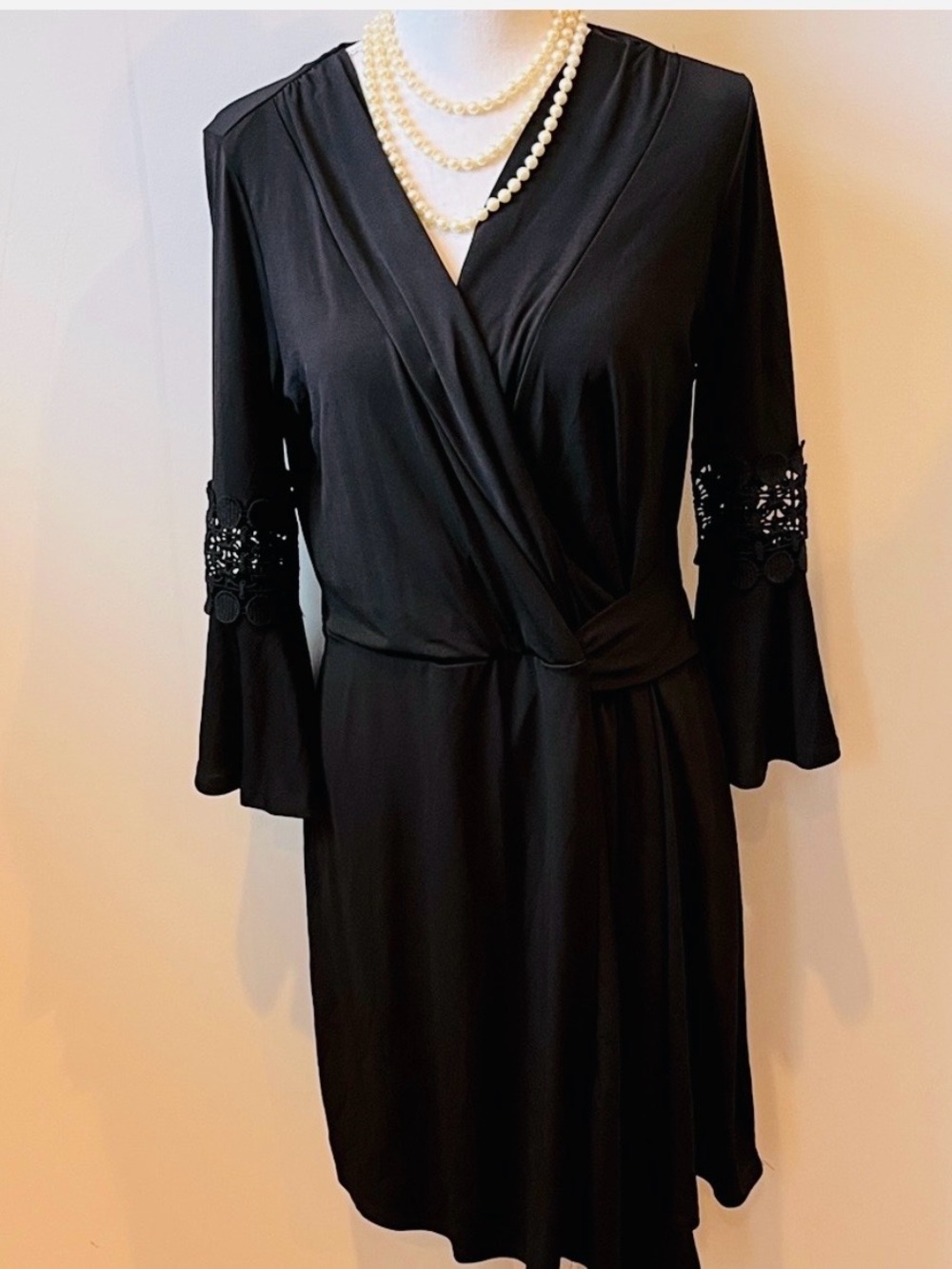 Notations Black Long Sleeve Dress with Lace Accents